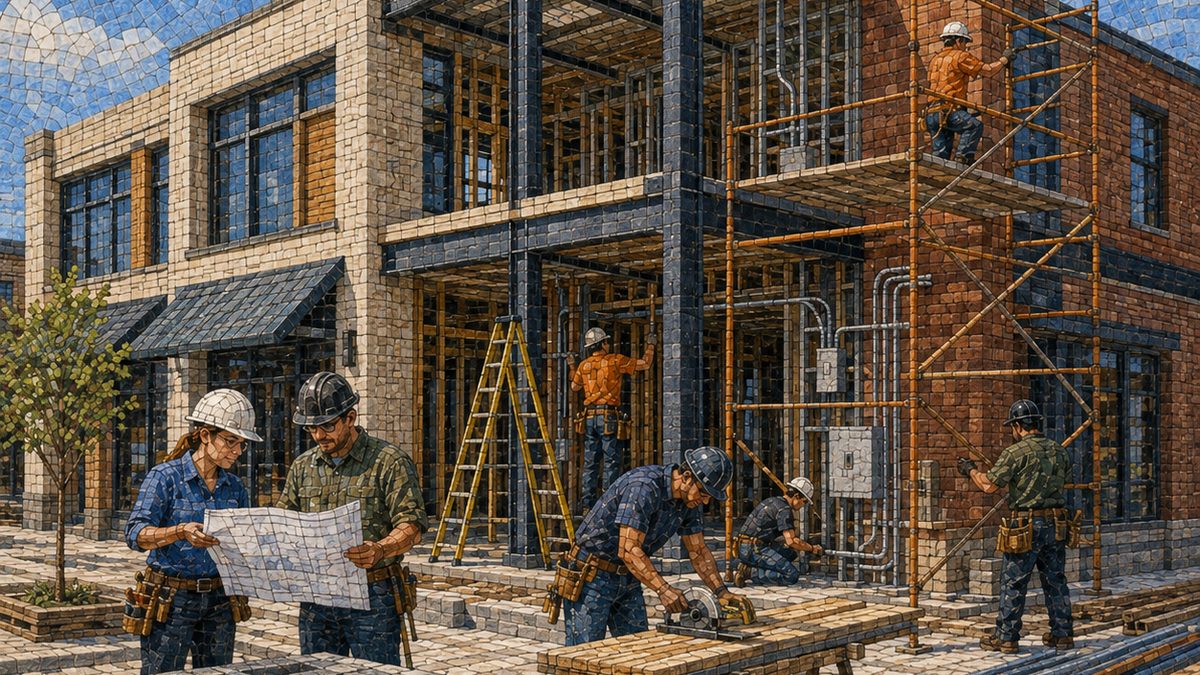 Mosaic of a building site with crews on scaffolding